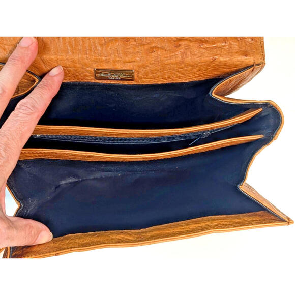 Scuola Del Cuoio Ostrich Leather Caramel Brown Flap Handbag Purse Firenze Italy - Picture 8 of 16